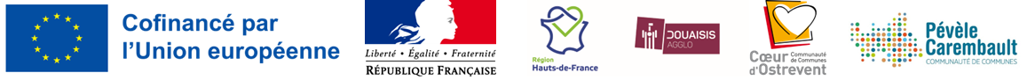 banniere logo financeurs et partenaires : Europe, Region HdF, Douaisis Agglo, Mission Locale du Douaisis, Tour Emploi, CCCO, Pevele Carembault